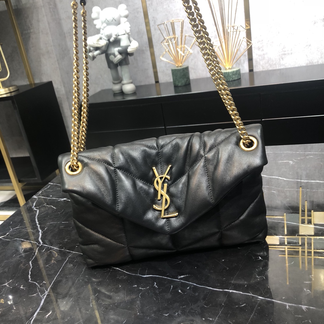 Saint Laurent Loulou Puffer Small Lambskin Shoulder Bag Handbag Black 577476 Gold